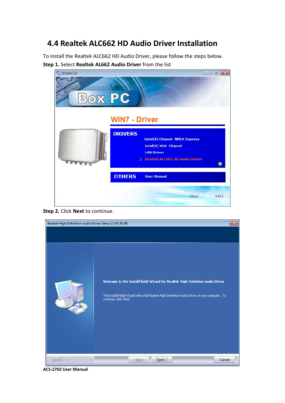 4 realtek alc662 hd audio driver installation | Aplex Technology ACS-2702 User Manual | Page 47 / 48