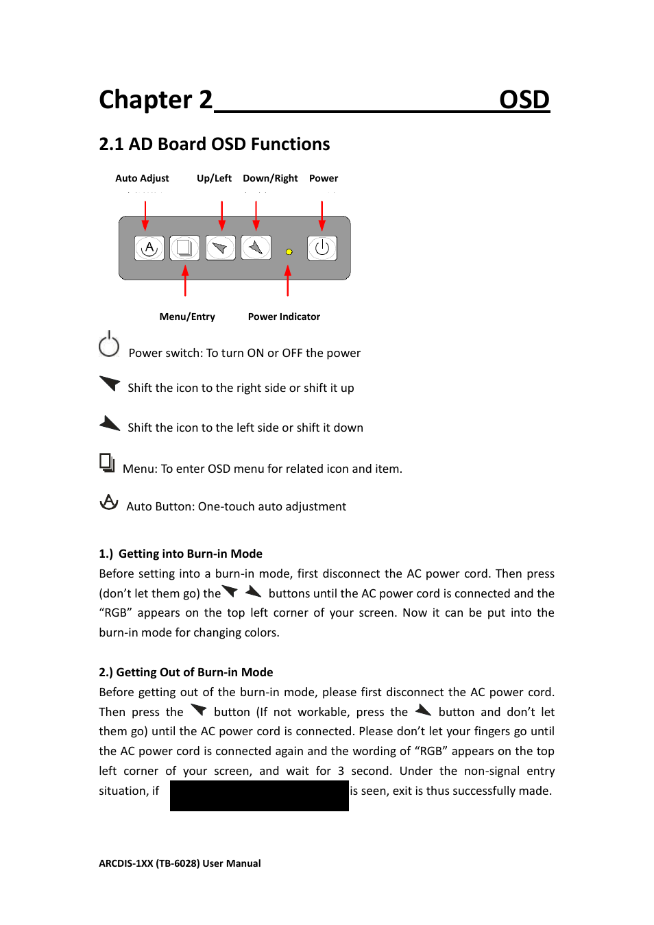 Chapter 2 osd, 1 ad board osd functions | Aplex Technology ARCDIS-108 User Manual | Page 21 / 54