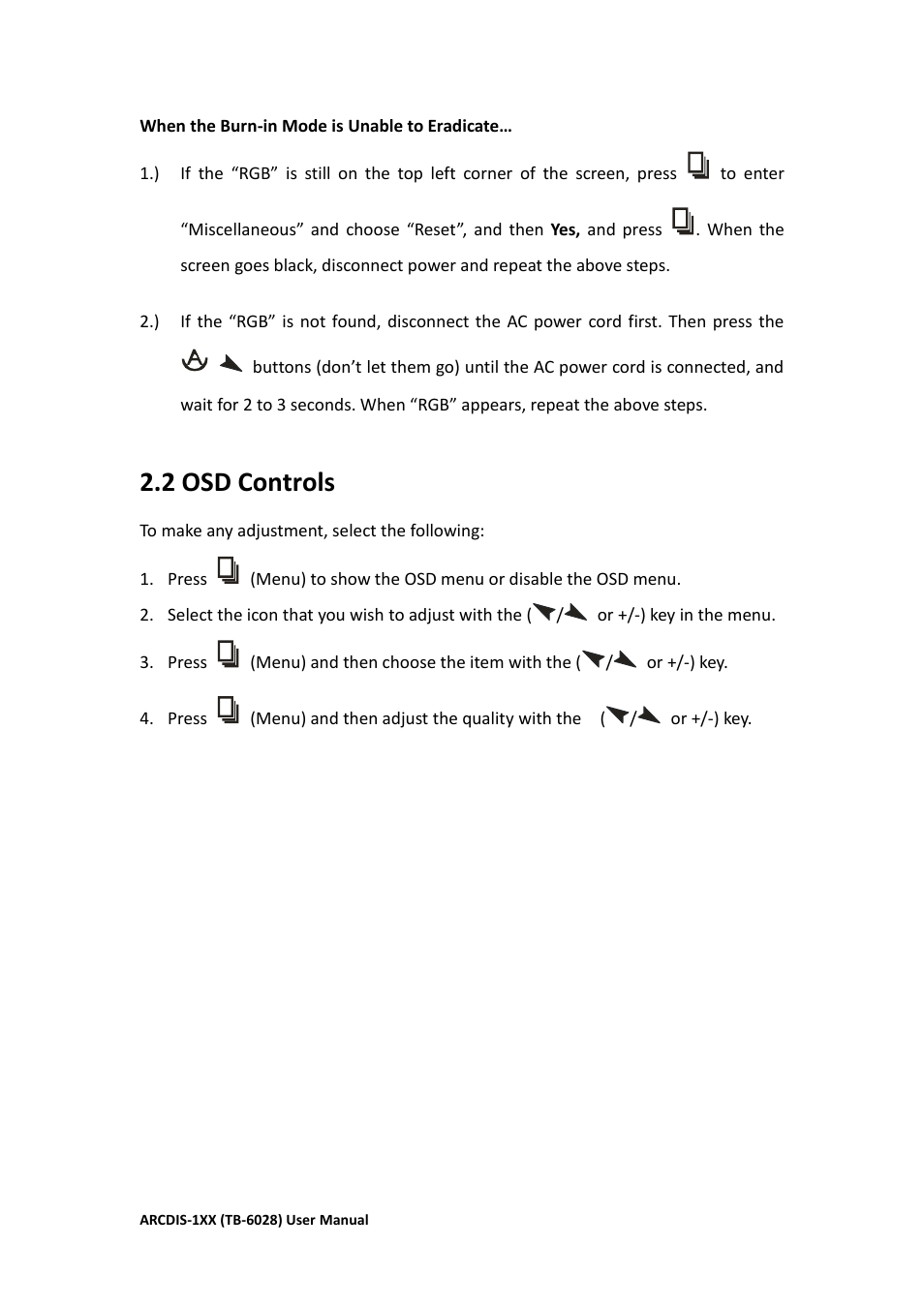 2 osd controls……………………………..…………….…………………….……21, 2 osd controls | Aplex Technology ARCDIS-108 User Manual | Page 22 / 54