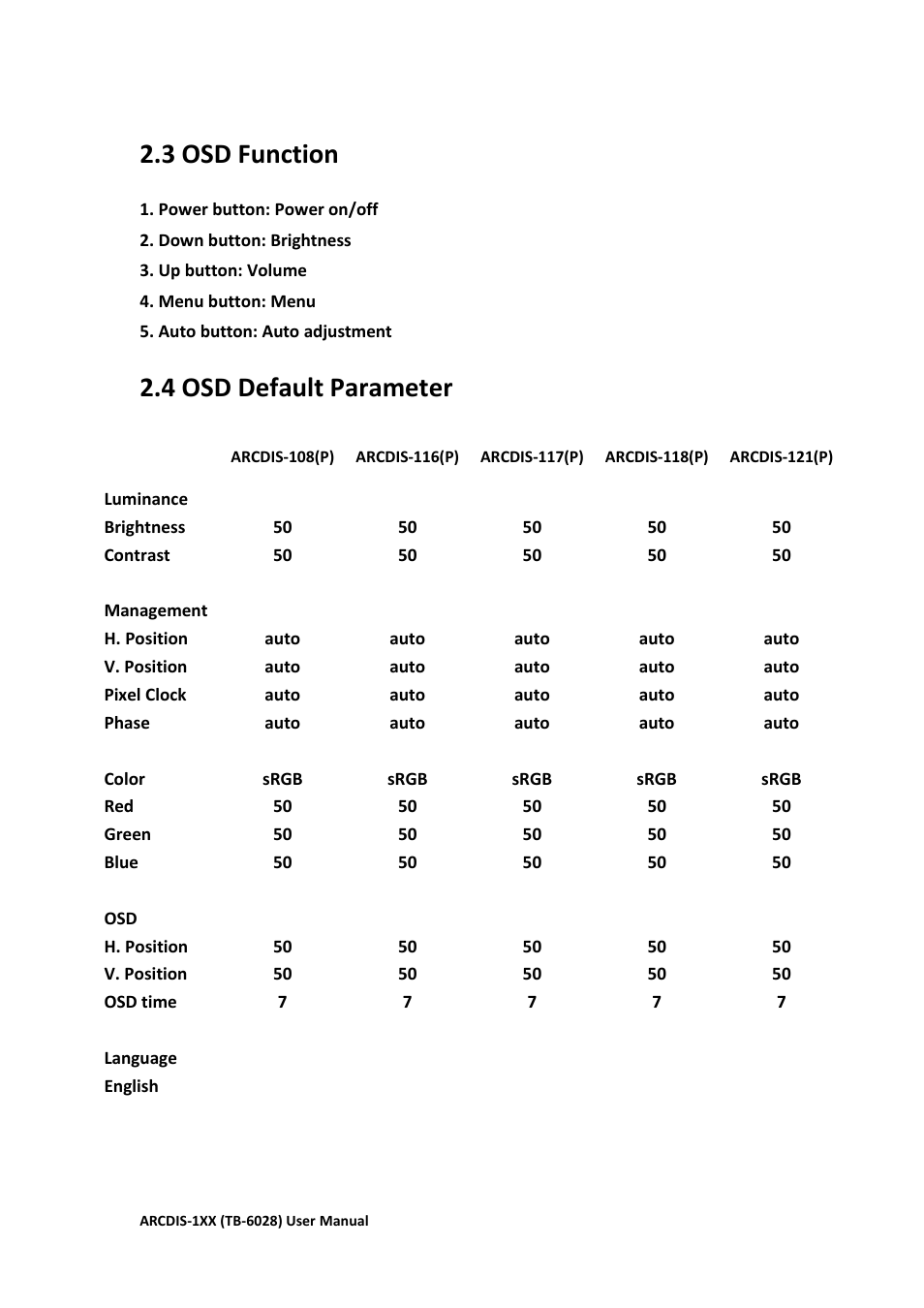 3 osd functions, 4 osd default parameter, 3 osd function | Aplex Technology ARCDIS-108 User Manual | Page 23 / 54