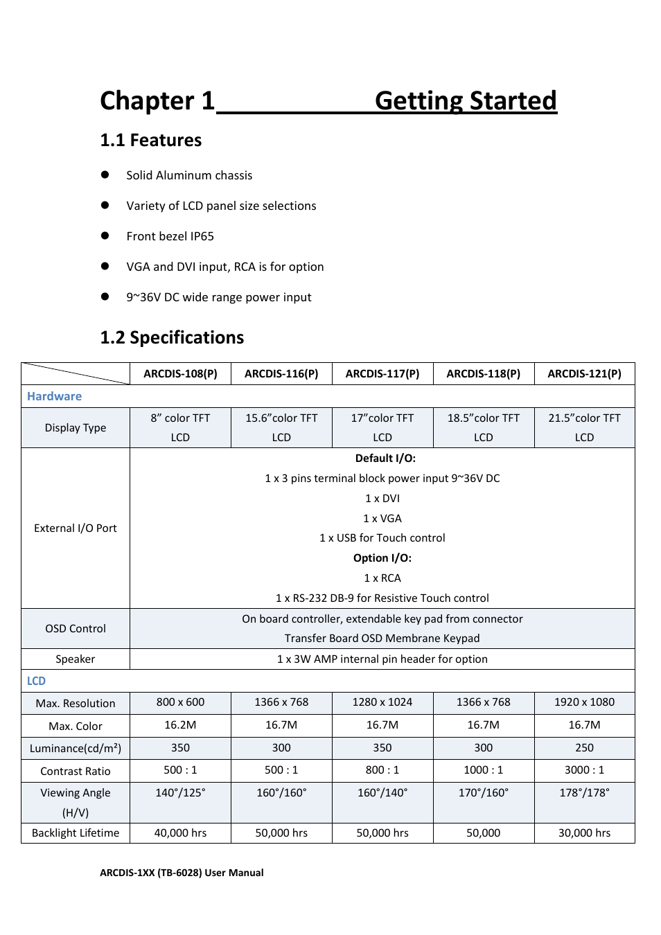 Chapter 1 getting started, 1 features, 2 specifications | Aplex Technology ARCDIS-108 User Manual | Page 6 / 54