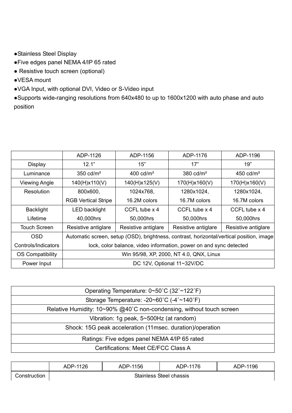 Chapter 1, 1 features, 2 specifications | Display environment | Aplex Technology ADP-1156 User Manual | Page 4 / 16