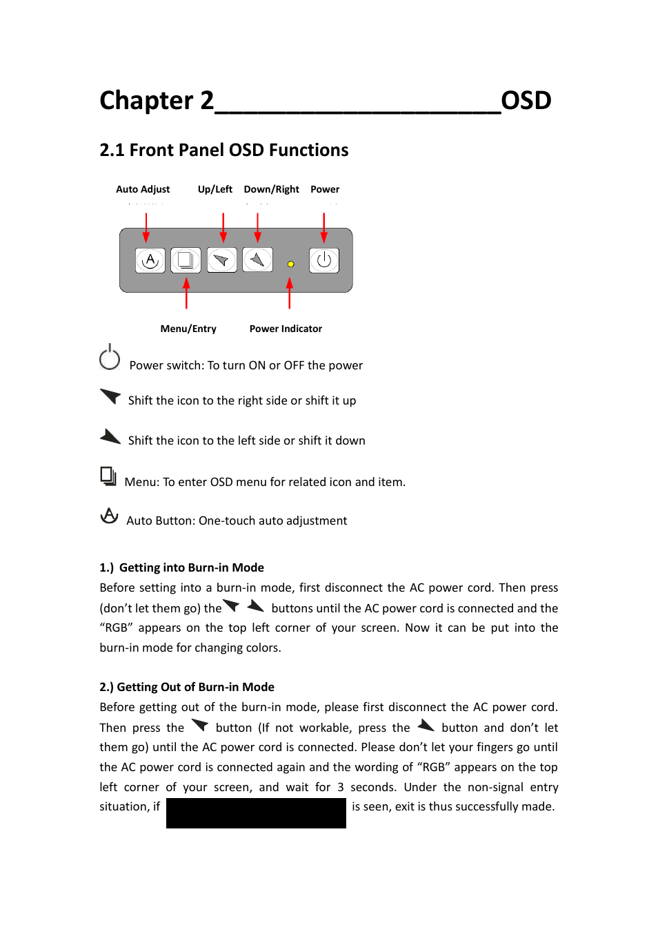 Chapter 2 osd, 1 front panel osd functions……………………………………………………11, Chapter 2____________________osd | 1 front panel osd functions | Aplex Technology ADP-1125A User Manual | Page 11 / 39