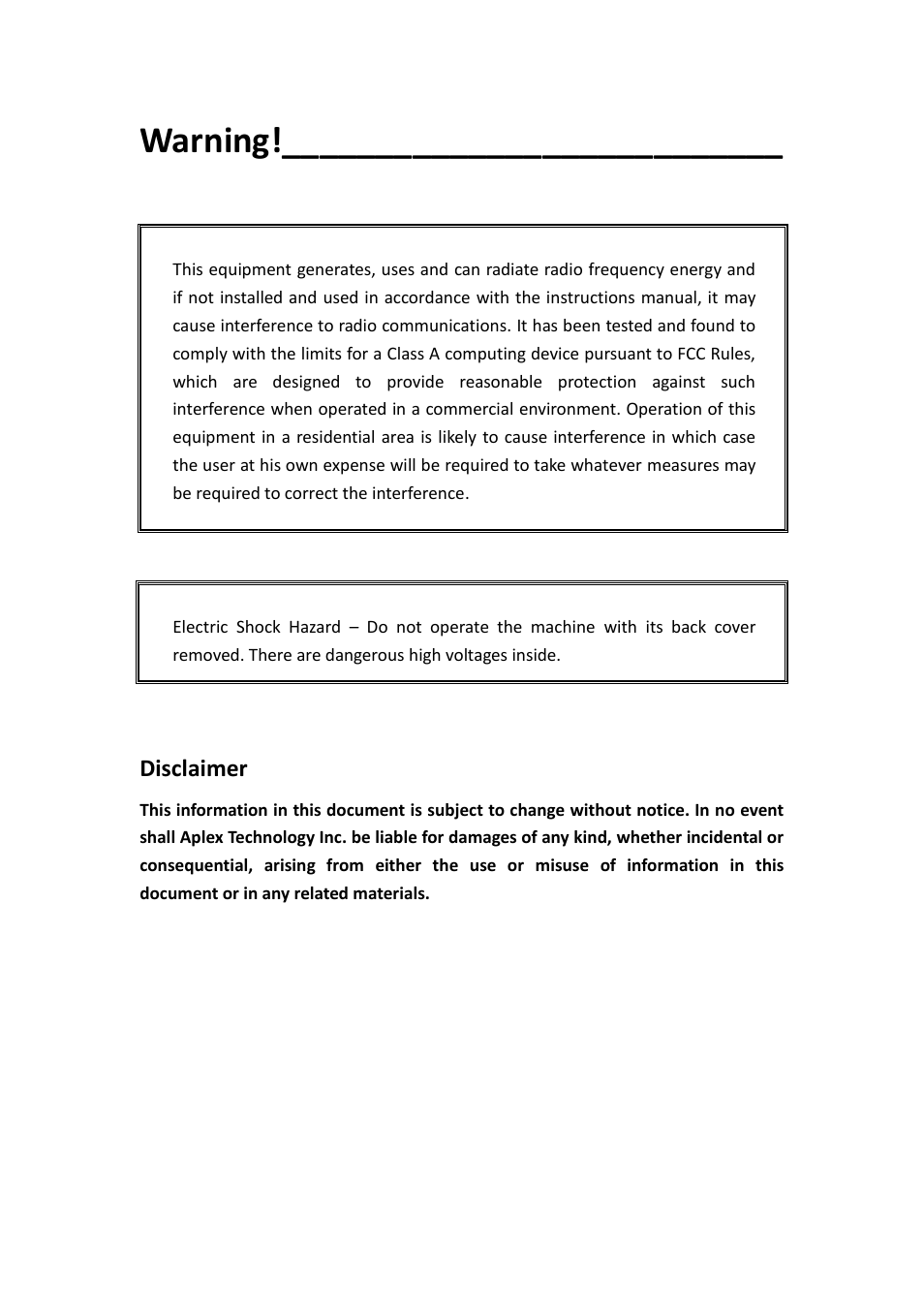 Warning, Disclaimer | Aplex Technology ADP-1125A User Manual | Page 2 / 39