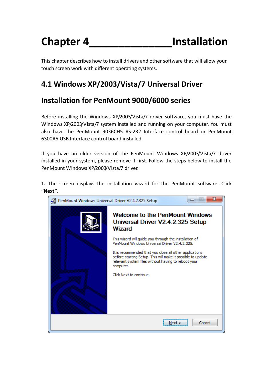Chapter 4 installation, Penmount 9000/6000 series…………………………………………………21, Chapter 4______________installation | Aplex Technology ADP-1125A User Manual | Page 21 / 39
