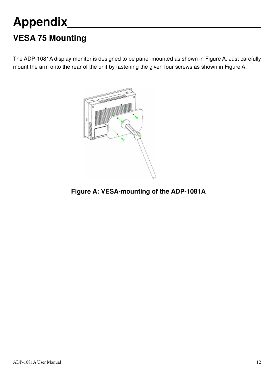 Appendix, Vesa 75 mounting | Aplex Technology ADP-1081A User Manual | Page 12 / 12