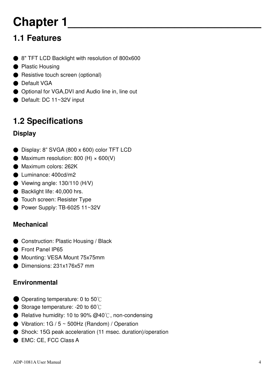 Chapter 1, 1 features, 2 specifications | Aplex Technology ADP-1081A User Manual | Page 4 / 12