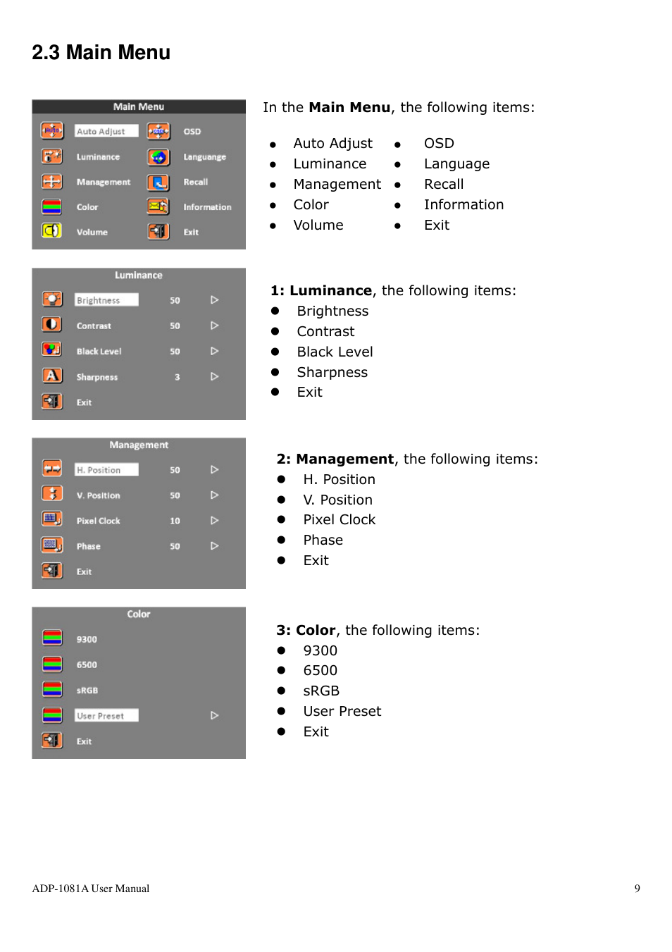 3 main menu | Aplex Technology ADP-1081A User Manual | Page 9 / 12