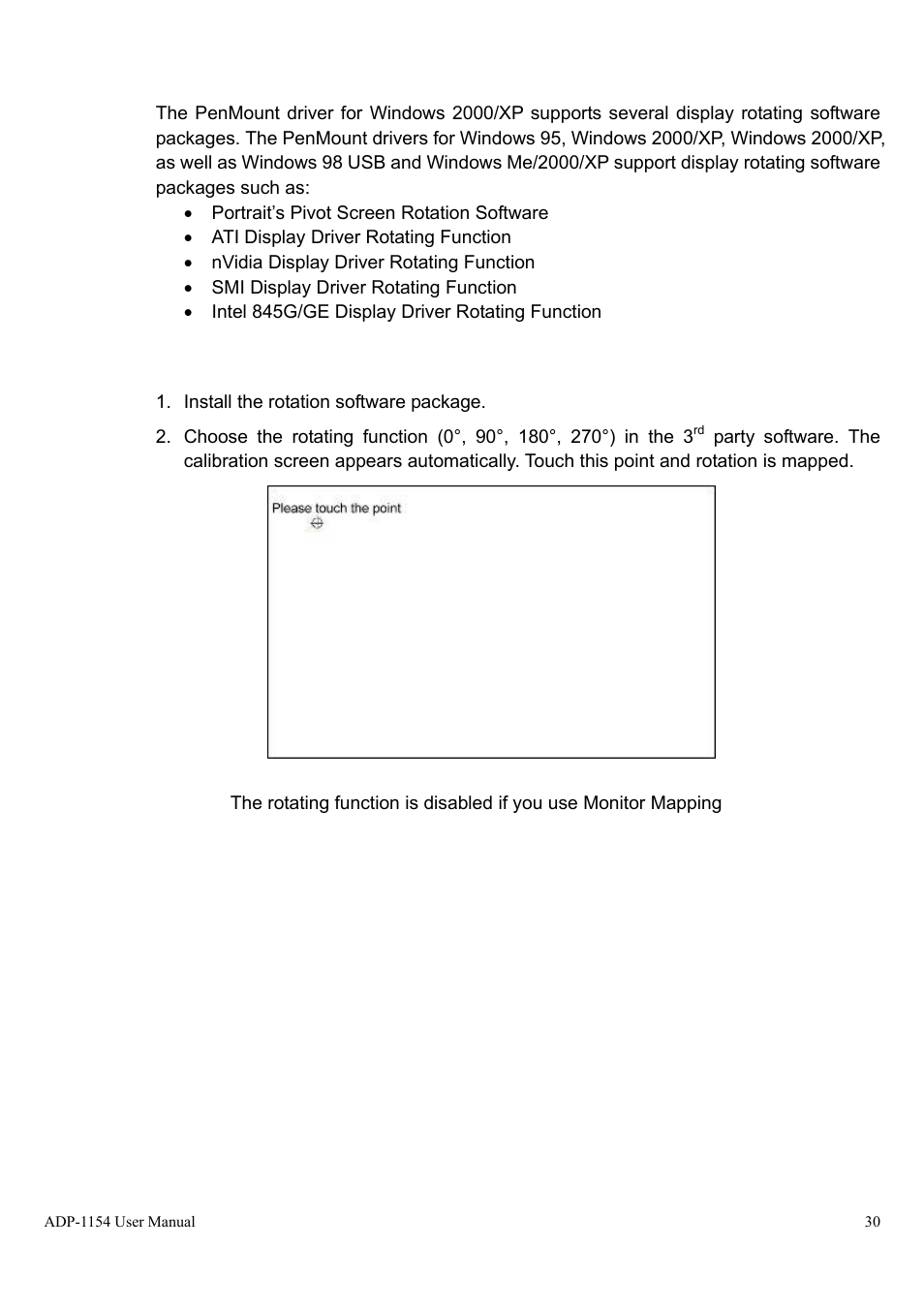 Penmount rotation functions, Configuring the rotation function | Aplex Technology ADP-1154 User Manual | Page 30 / 44