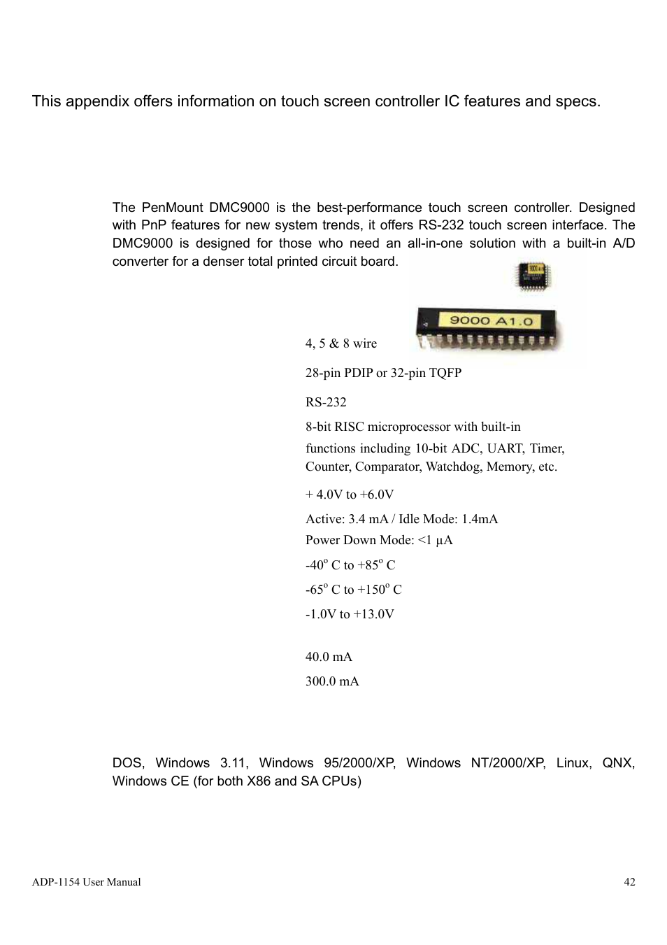 Appendix b: controller ic specifications, Penmount dmc9000 touch screen controller ic | Aplex Technology ADP-1154 User Manual | Page 42 / 44