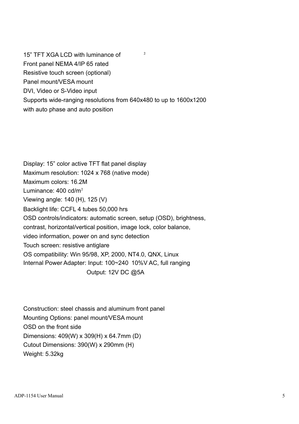 Chapter 1, 1 features, 2 specifications | Aplex Technology ADP-1154 User Manual | Page 5 / 44