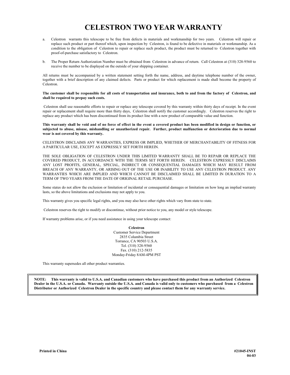 Celestron two year warranty | Celestron 114 User Manual | Page 10 / 10