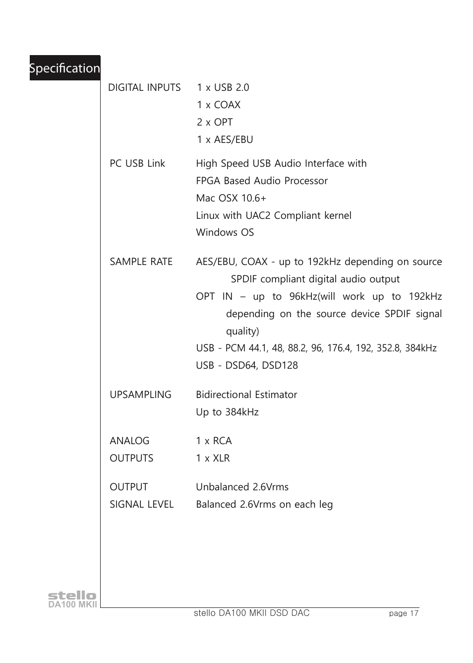 Specification | April Music Stello DA100 MKII User Manual | Page 19 / 21