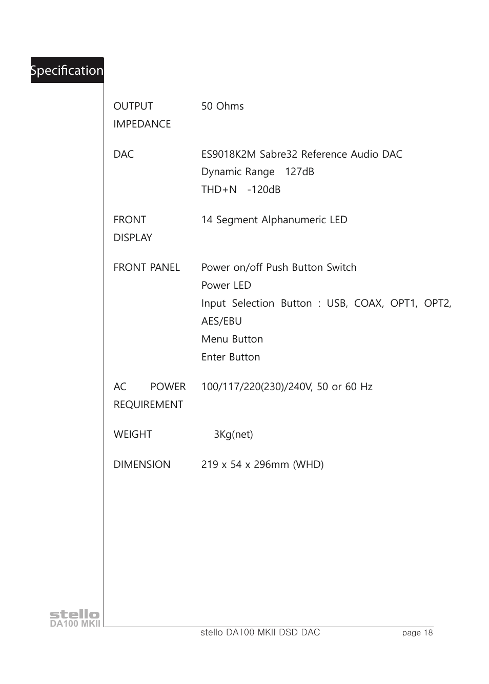 Specification | April Music Stello DA100 MKII User Manual | Page 20 / 21