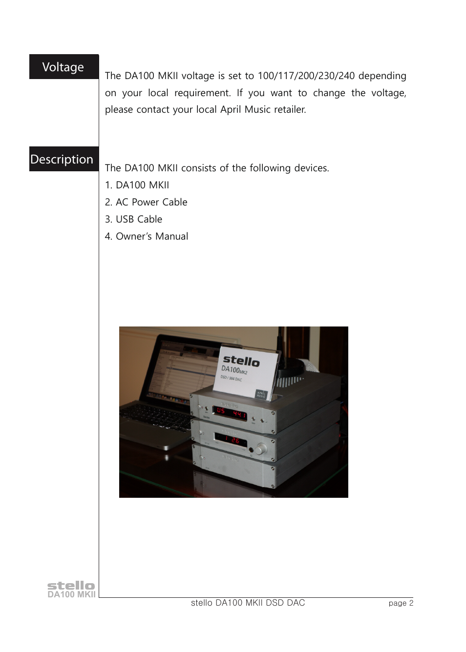 Voltage, Description | April Music Stello DA100 MKII User Manual | Page 4 / 21