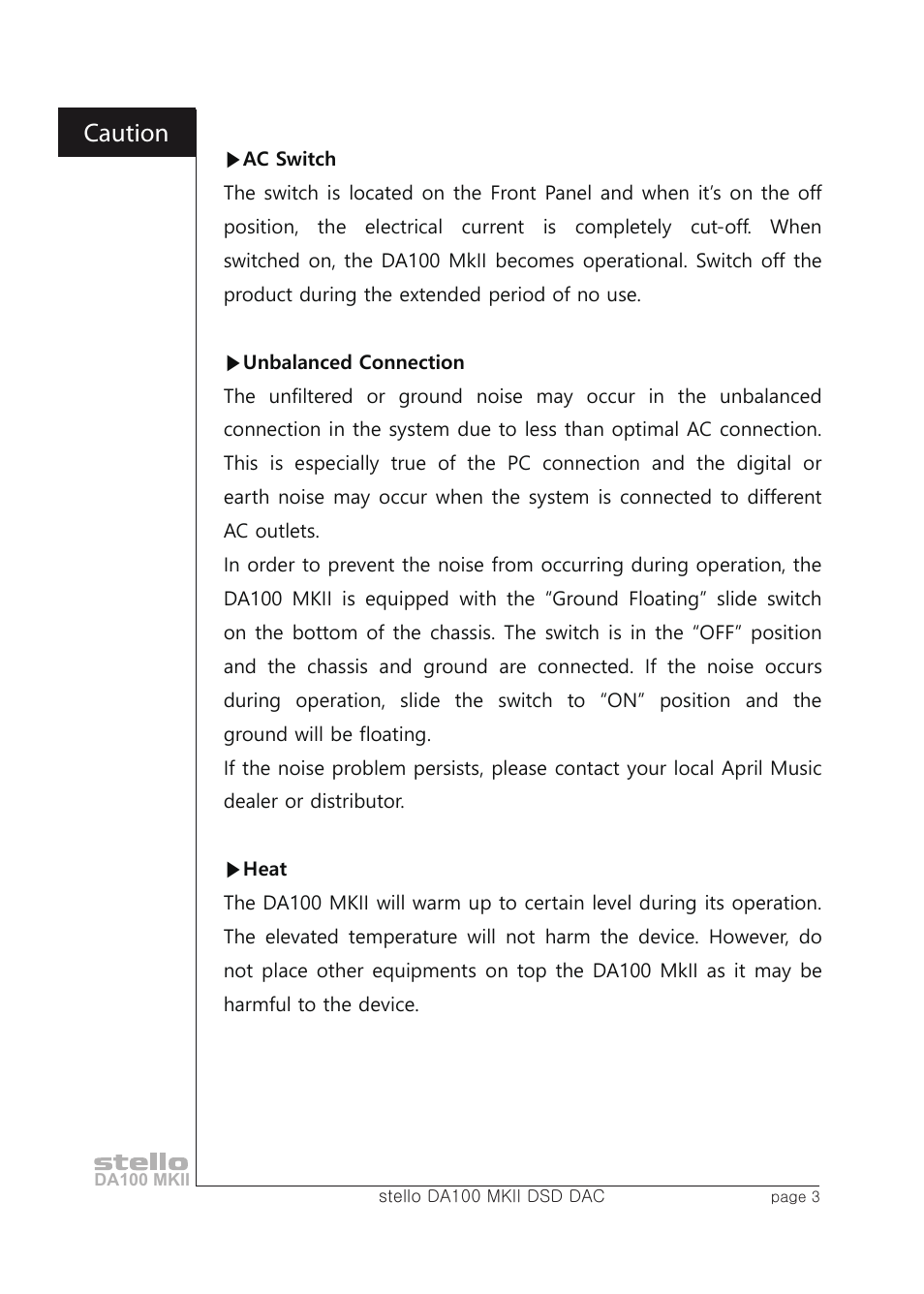 Caution | April Music Stello DA100 MKII User Manual | Page 5 / 21