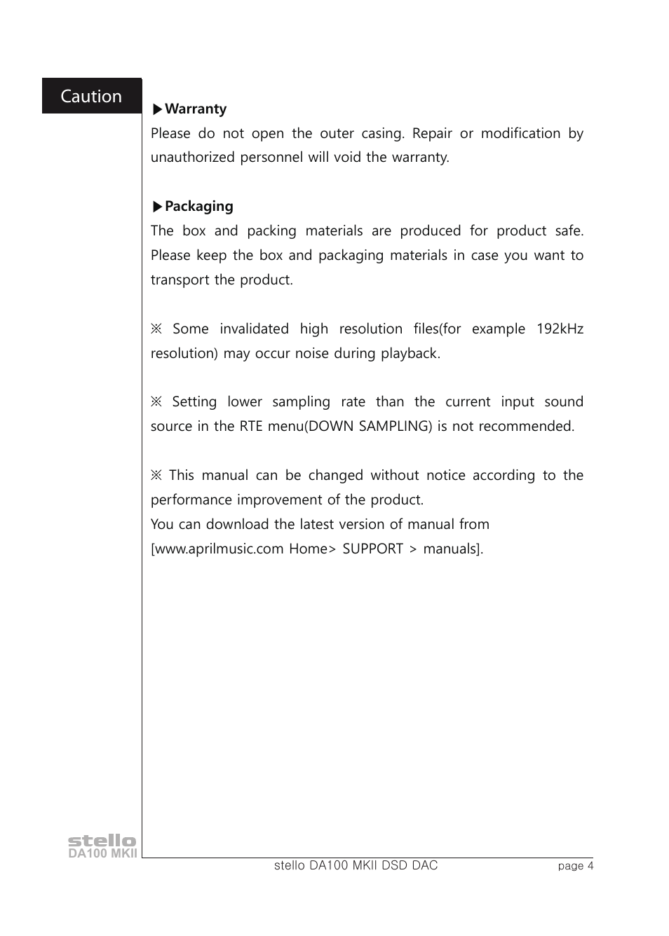 Caution | April Music Stello DA100 MKII User Manual | Page 6 / 21