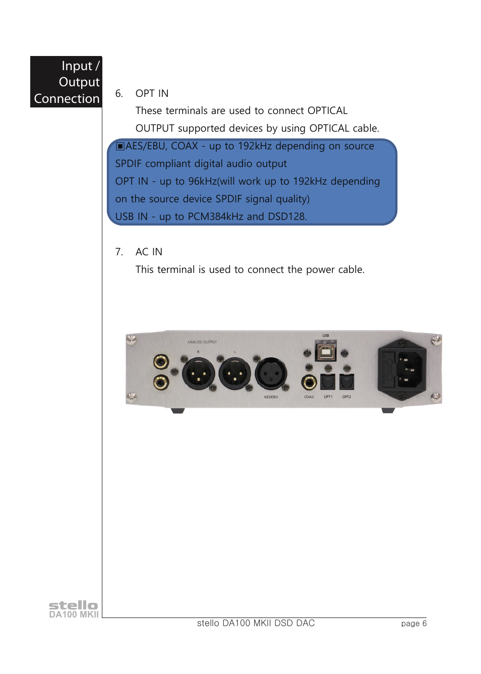 Input / output connection | April Music Stello DA100 MKII User Manual | Page 8 / 21