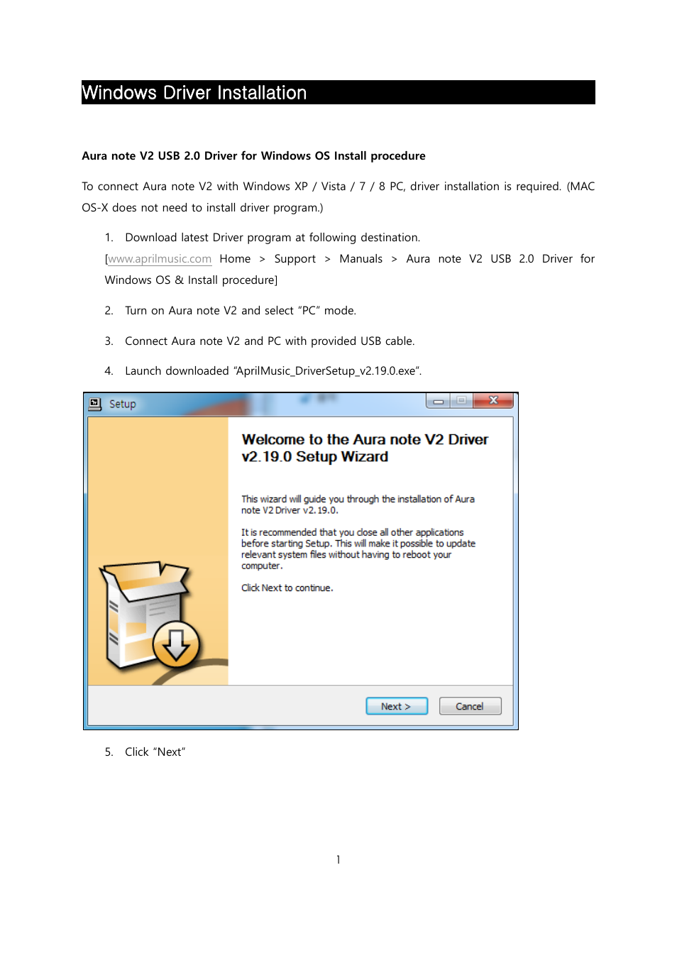 Windows driver installation | April Music Aura note V2 USB2.0 Driver for Windows OS User Manual | Page 2 / 9