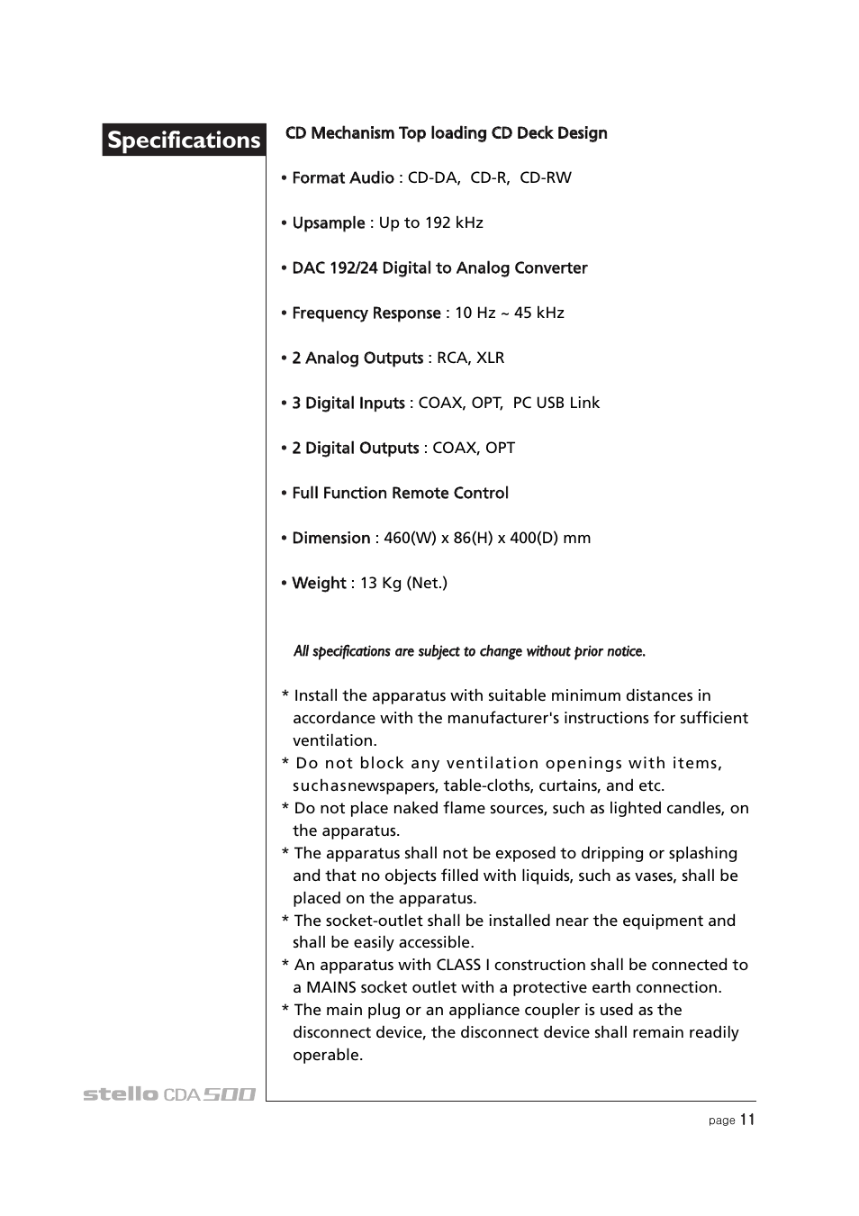 Specifications | April Music Stello CDA500 User Manual | Page 12 / 14