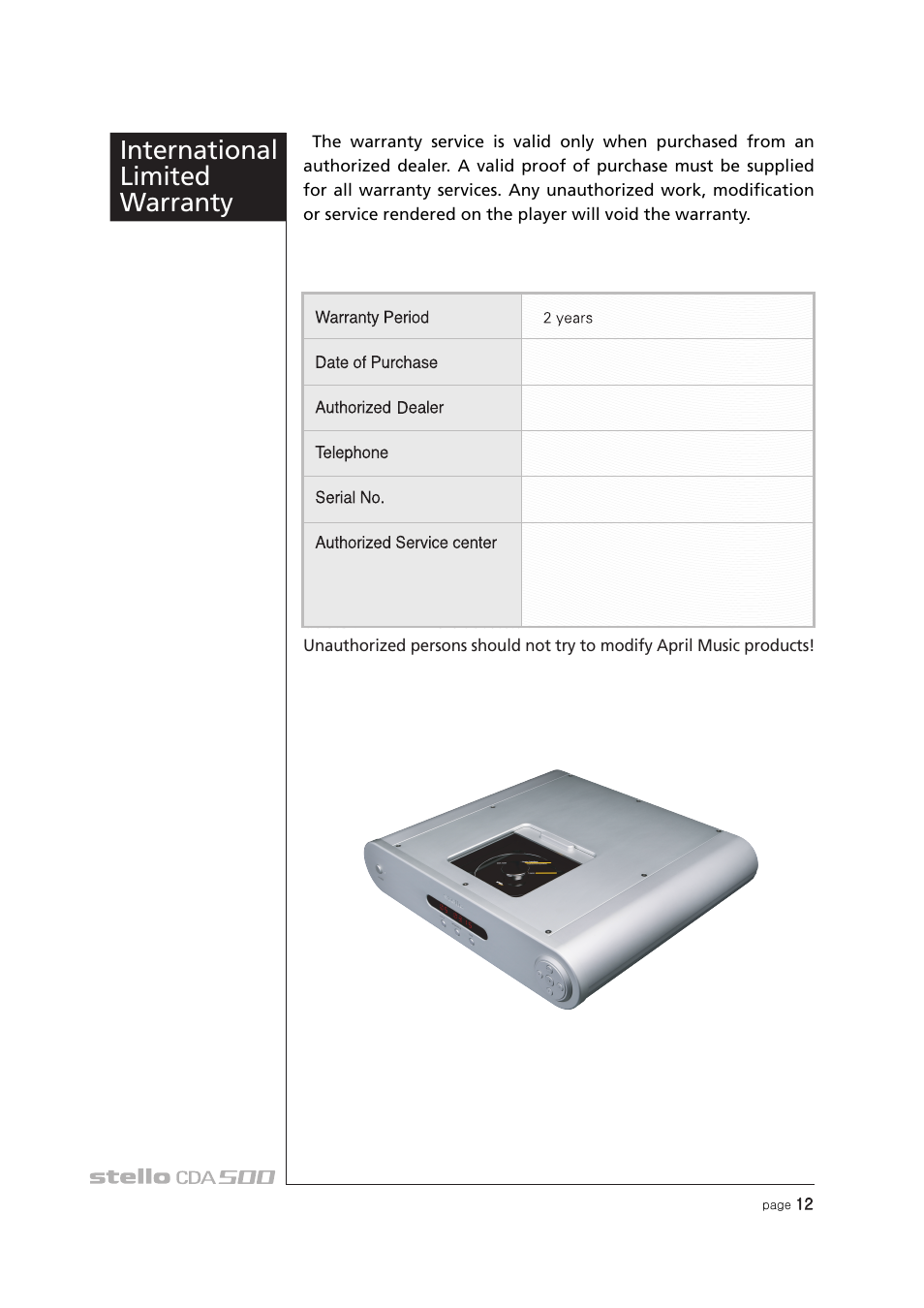 International limited warranty | April Music Stello CDA500 User Manual | Page 13 / 14