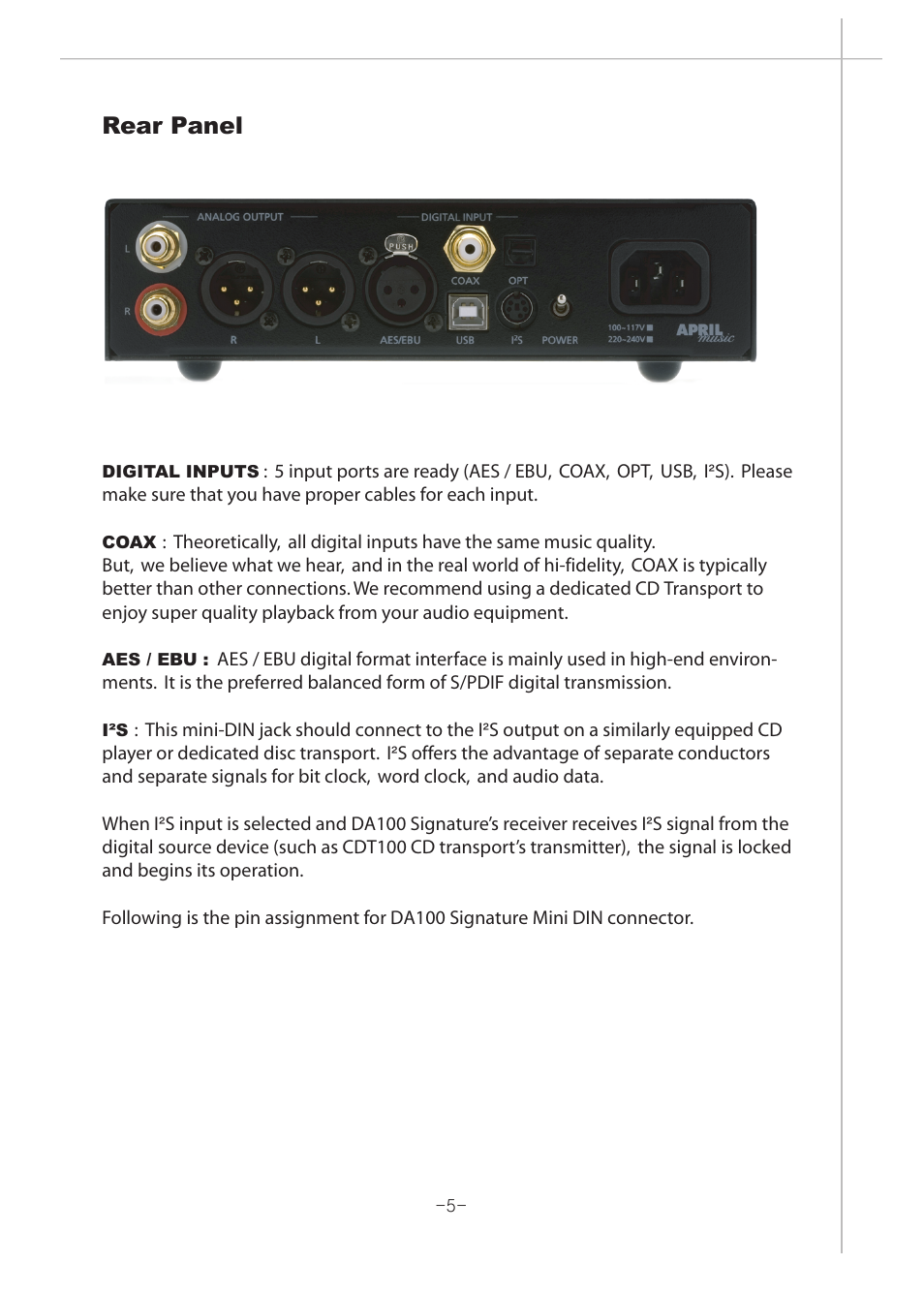 6 copy.pdf, Rear panel | April Music Stello DA100 Signature User Manual | Page 6 / 15