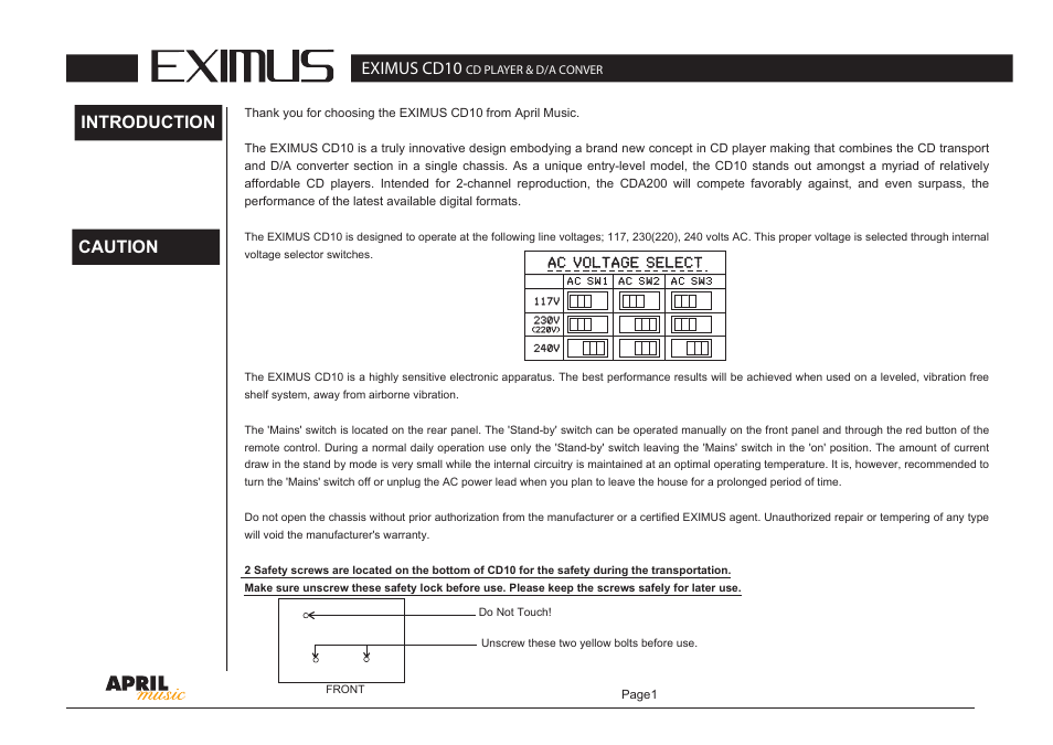 Cd10manual_en.pdf, Eximus cd10, Introduction caution | April Music Eximus CD10 User Manual | Page 2 / 7