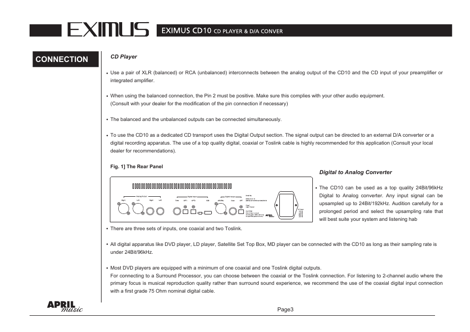 Connection | April Music Eximus CD10 User Manual | Page 4 / 7