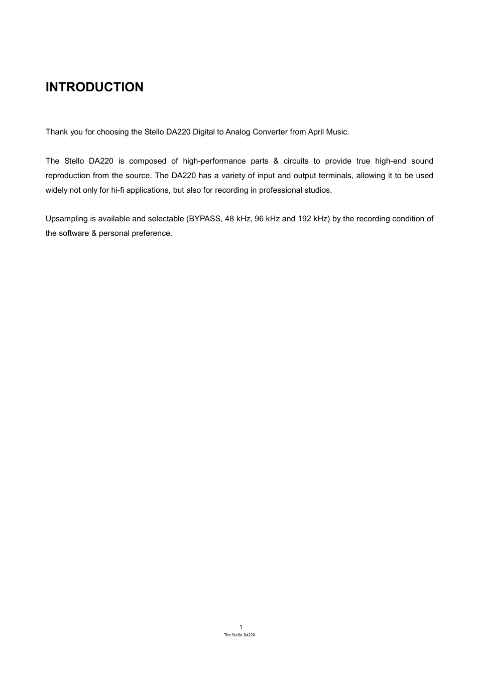 Introduction | April Music Stello DA220 User Manual | Page 2 / 9