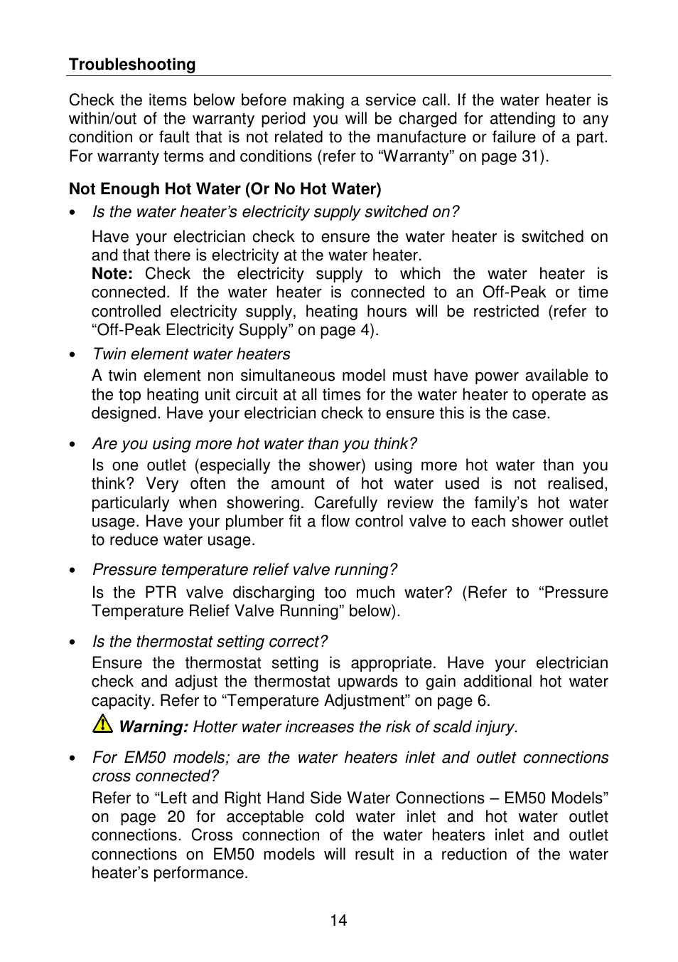 14 troubleshooting, Not enough hot water (or no hot water) | AquaMAX EM50 Series User Manual | Page 15 / 36