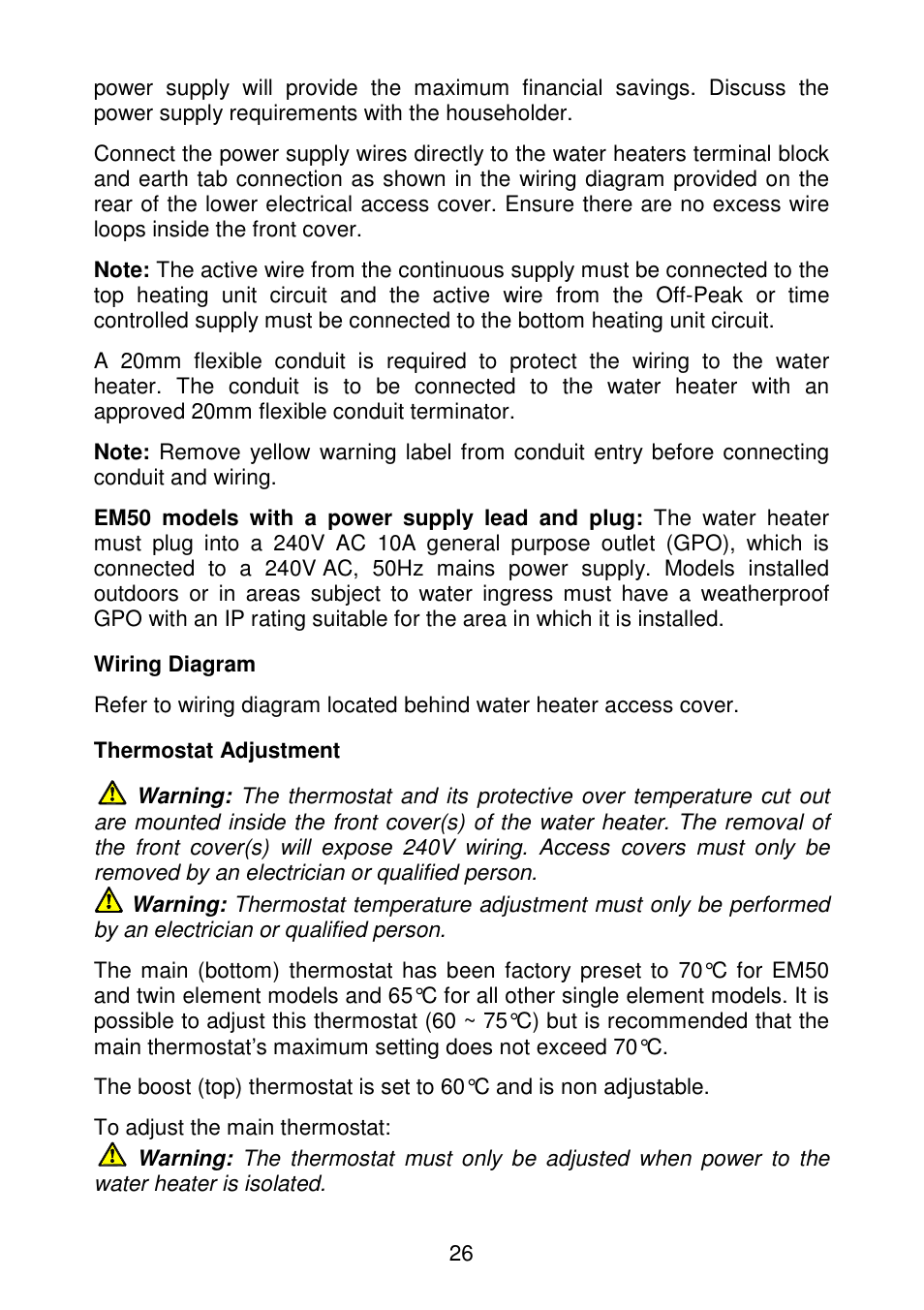 Wiring diagram, Thermostat adjustment | AquaMAX EM50 Series User Manual | Page 27 / 36