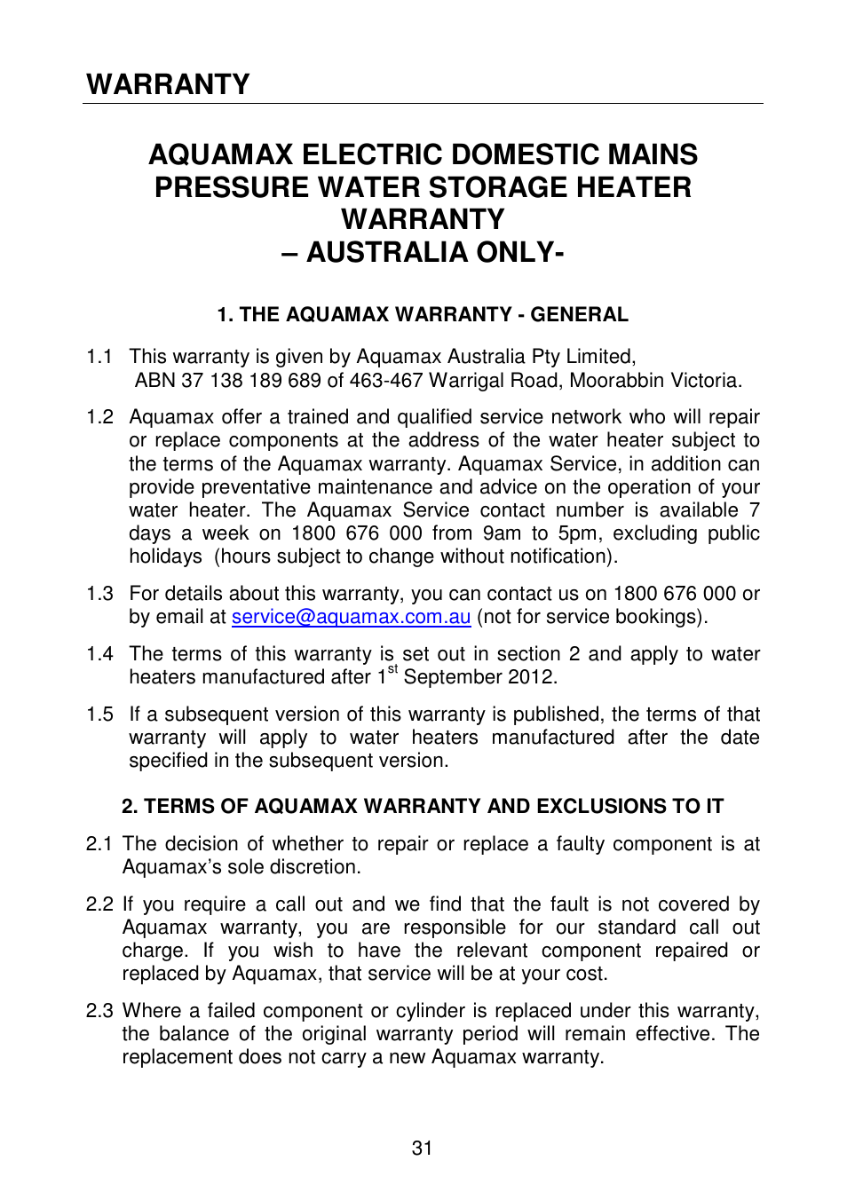 Warranty | AquaMAX EM50 Series User Manual | Page 32 / 36