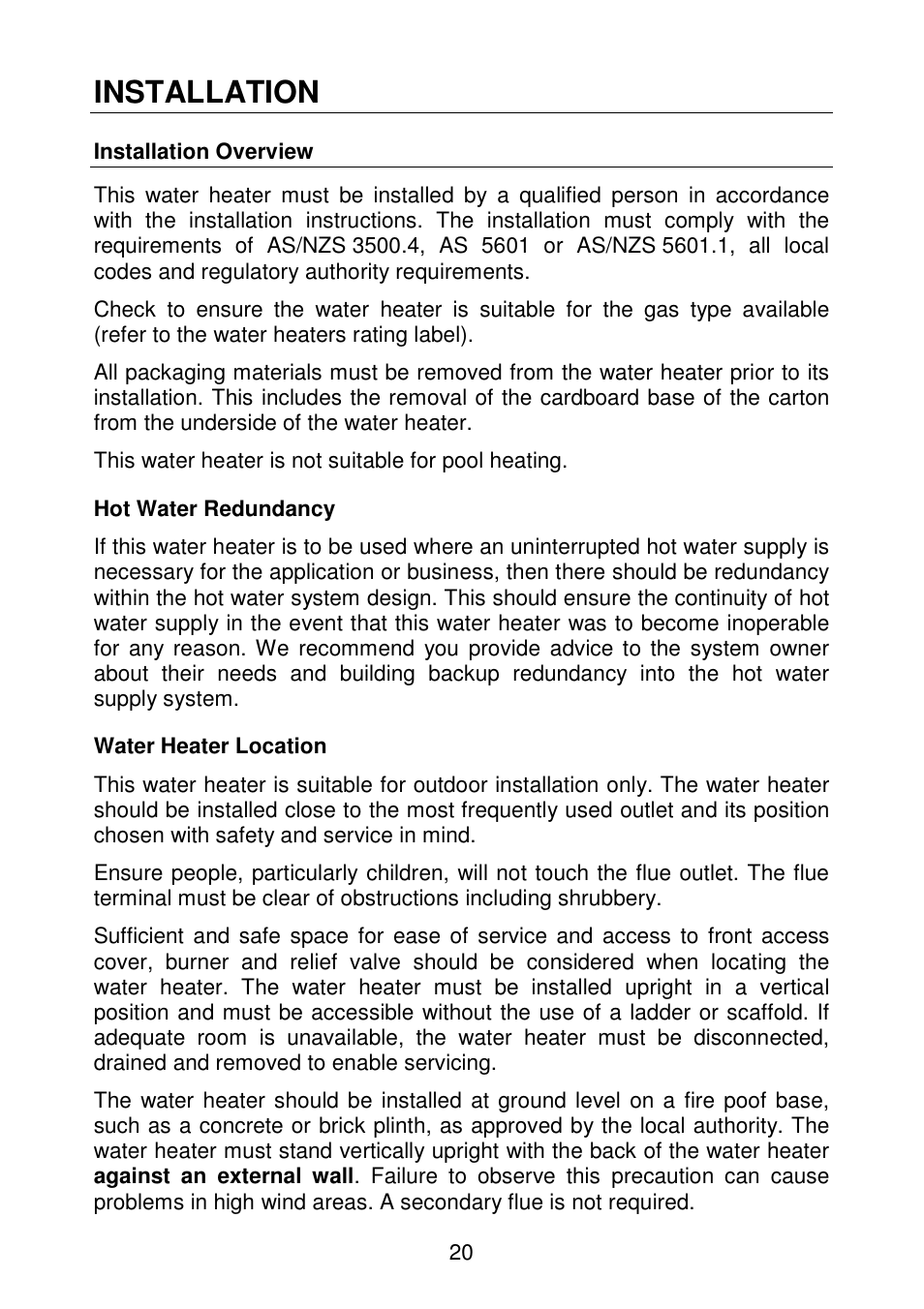 Installation, Installation overview, This water heater is not suitable for pool heating | Hot water redundancy, Water heater location | AquaMAX G270VE Series User Manual | Page 21 / 44