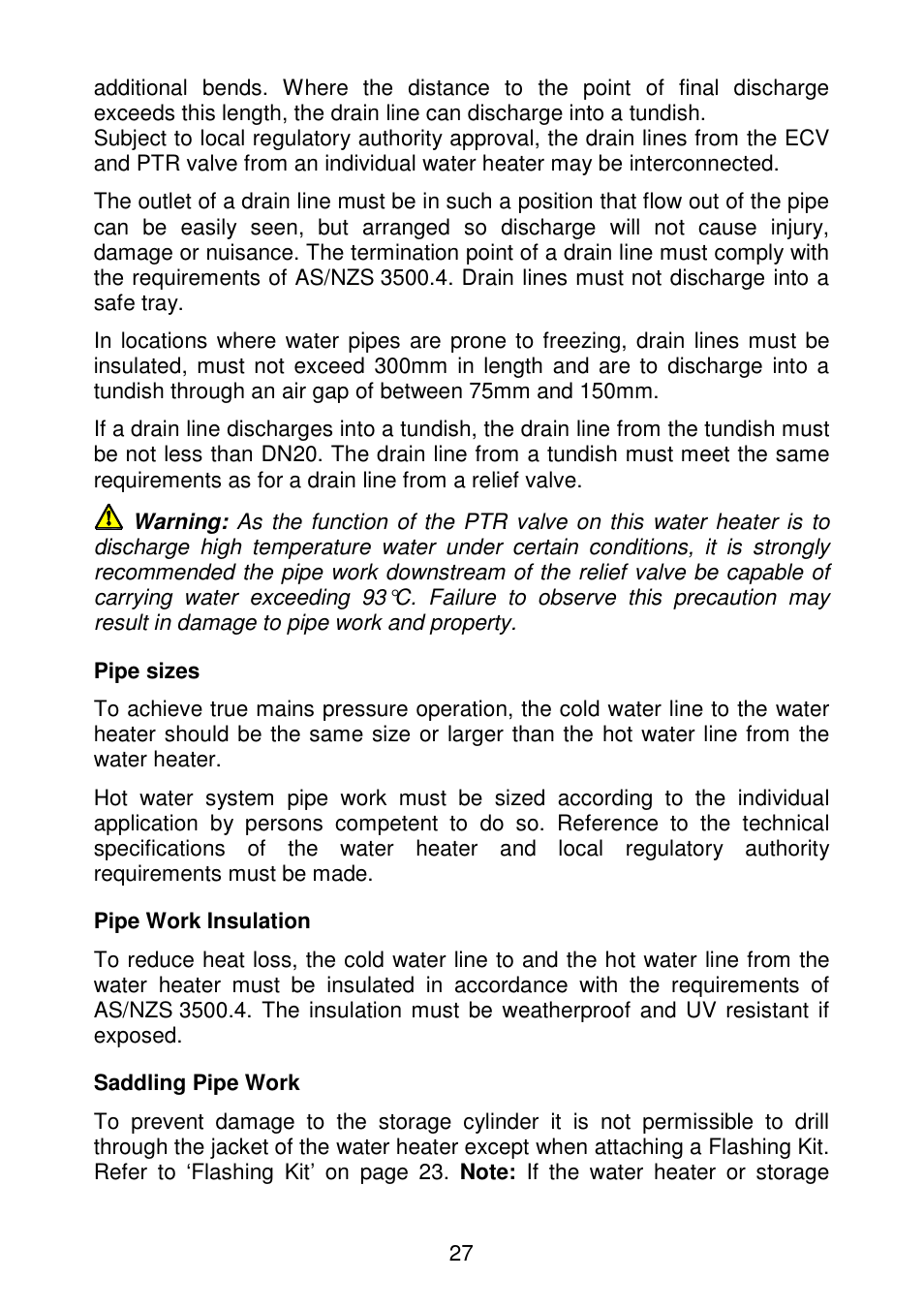 Pipe sizes, Pipe work insulation, Saddling pipe work | AquaMAX G270VE Series User Manual | Page 28 / 44