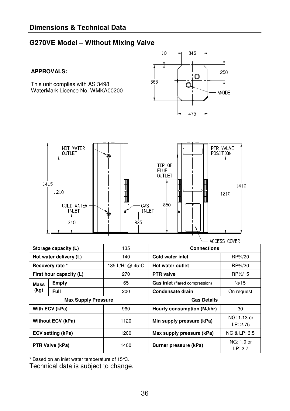36 dimensions & technical data, G270ve model – without mixing valve, Technical data is subject to change | AquaMAX G270VE Series User Manual | Page 37 / 44