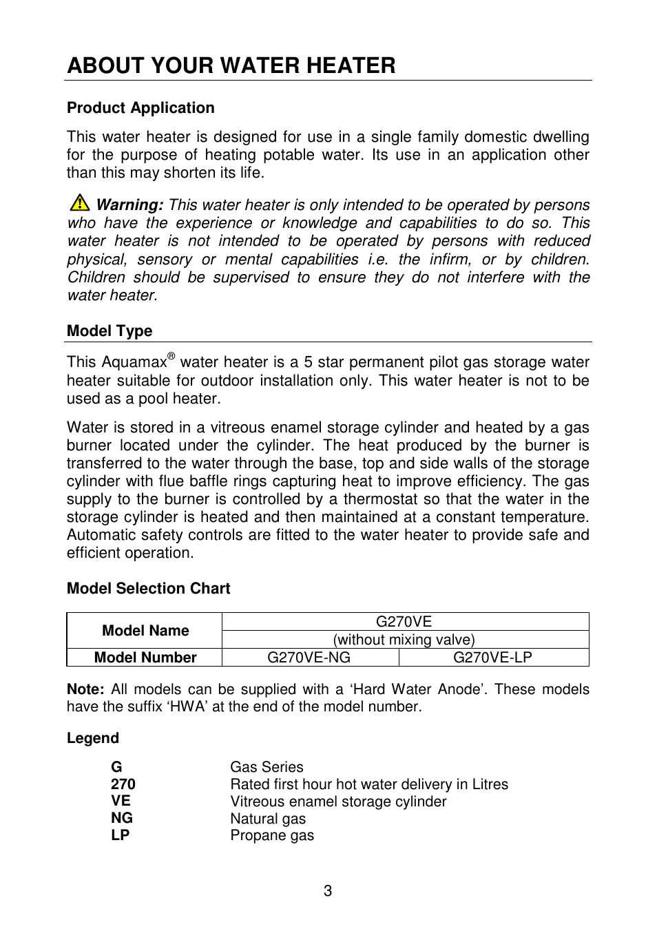 About your water heater | AquaMAX G270VE Series User Manual | Page 4 / 44