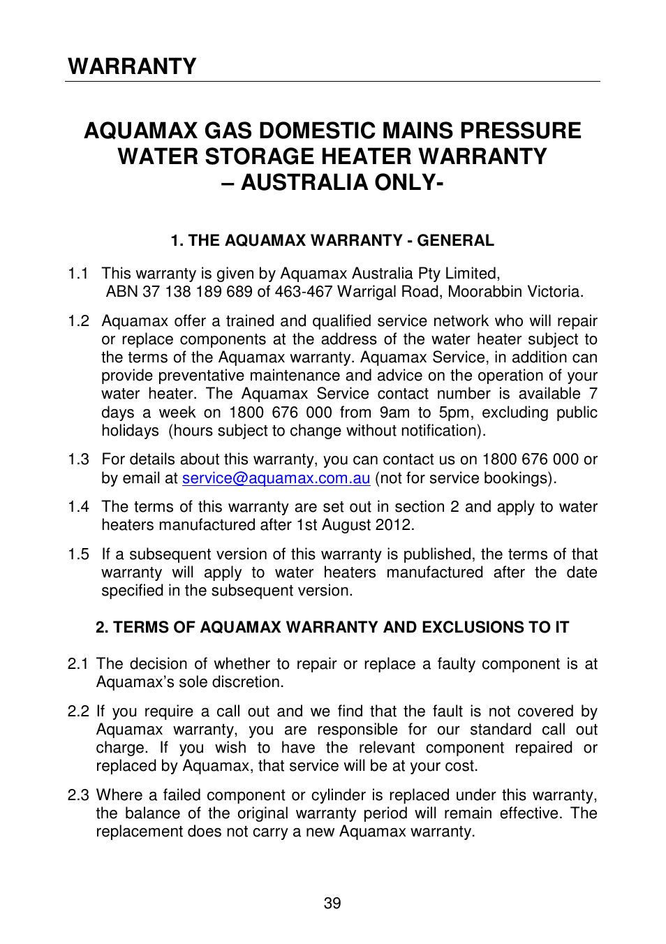 Warranty | AquaMAX G270VE Series User Manual | Page 40 / 44