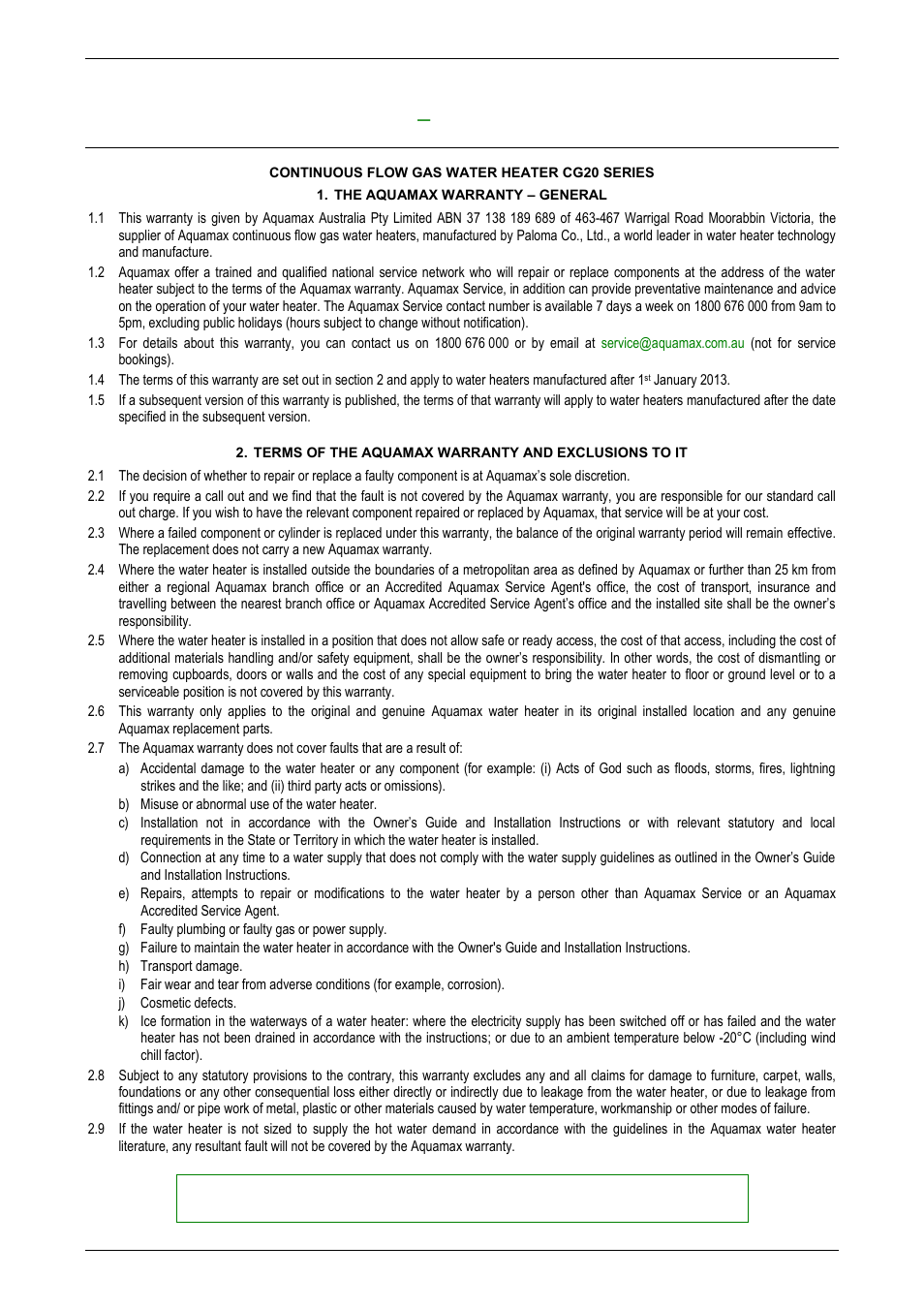 The aquamax warranty – general, Terms of the aquamax warranty and exclusions to it, Er to | The aquamax warranty, Terms of the aquamax warranty | AquaMAX CG20 Series User Manual | Page 59 / 60