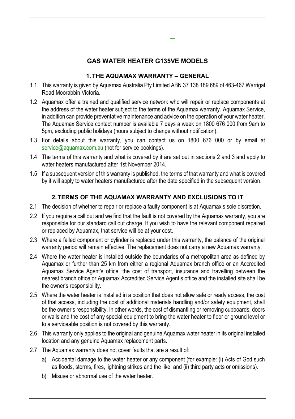 The aquamax warranty – general, Terms of the aquamax warranty and exclusions to it, Warranty | AquaMAX G135VE User Manual | Page 38 / 40