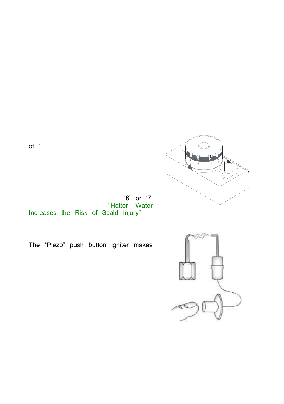 Hotter water increases the risk of scald injury, Temperature adjustment, Piezo ignition | Pilot igniter, Temperature, Adjustment | AquaMAX G135VE User Manual | Page 5 / 40
