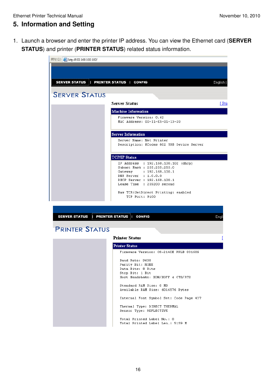 Information and setting | Argox Ethernet printer User Manual | Page 16 / 51