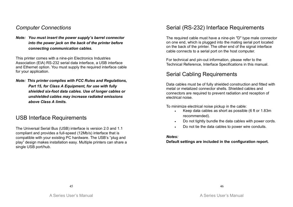 Usb interface requirements, Serial (rs-232) interface requirements, Serial cabling requirements | Computer connections | Argox A Series User Manual | Page 23 / 47