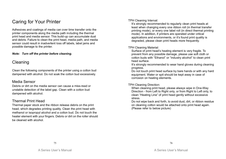 Caring for your printer, Cleaning | Argox A Series User Manual | Page 38 / 47