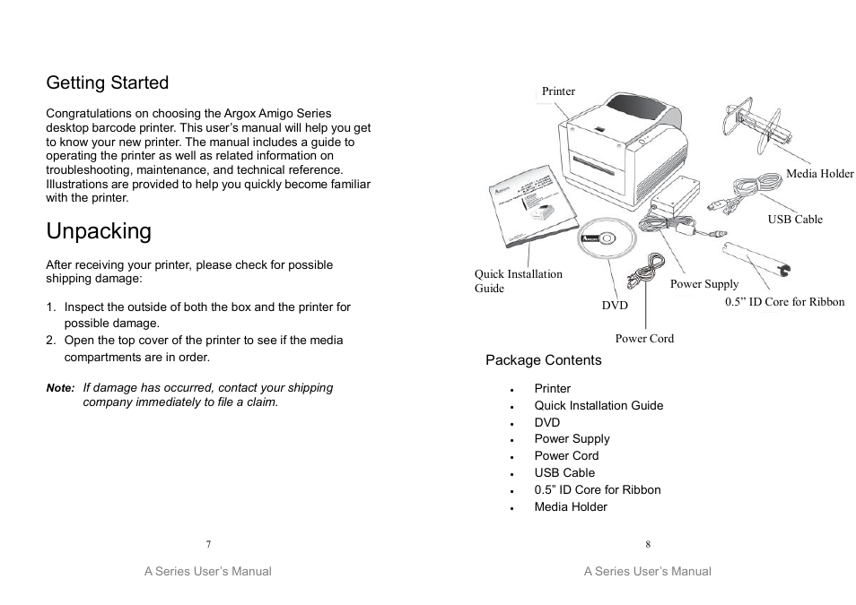 Unpacking, Getting started | Argox A Series User Manual | Page 4 / 47