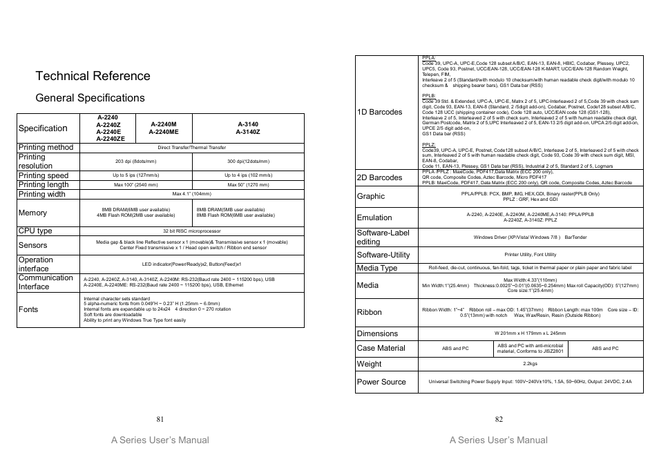 Technical reference, General specifications, A series user’s manual | Argox A Series User Manual | Page 41 / 47