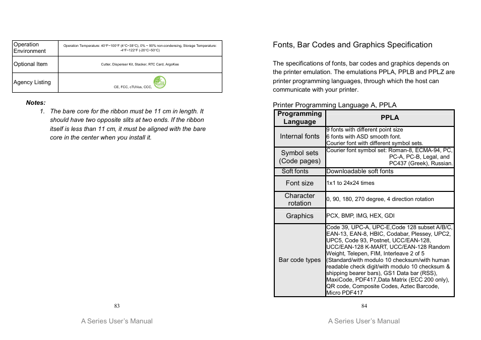 Fonts, bar codes and graphics specification | Argox A Series User Manual | Page 42 / 47