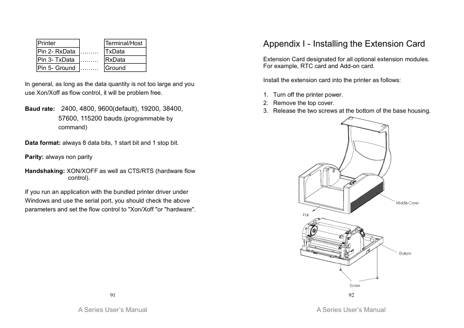 Appendix i - installing the extension card | Argox A Series User Manual | Page 46 / 47