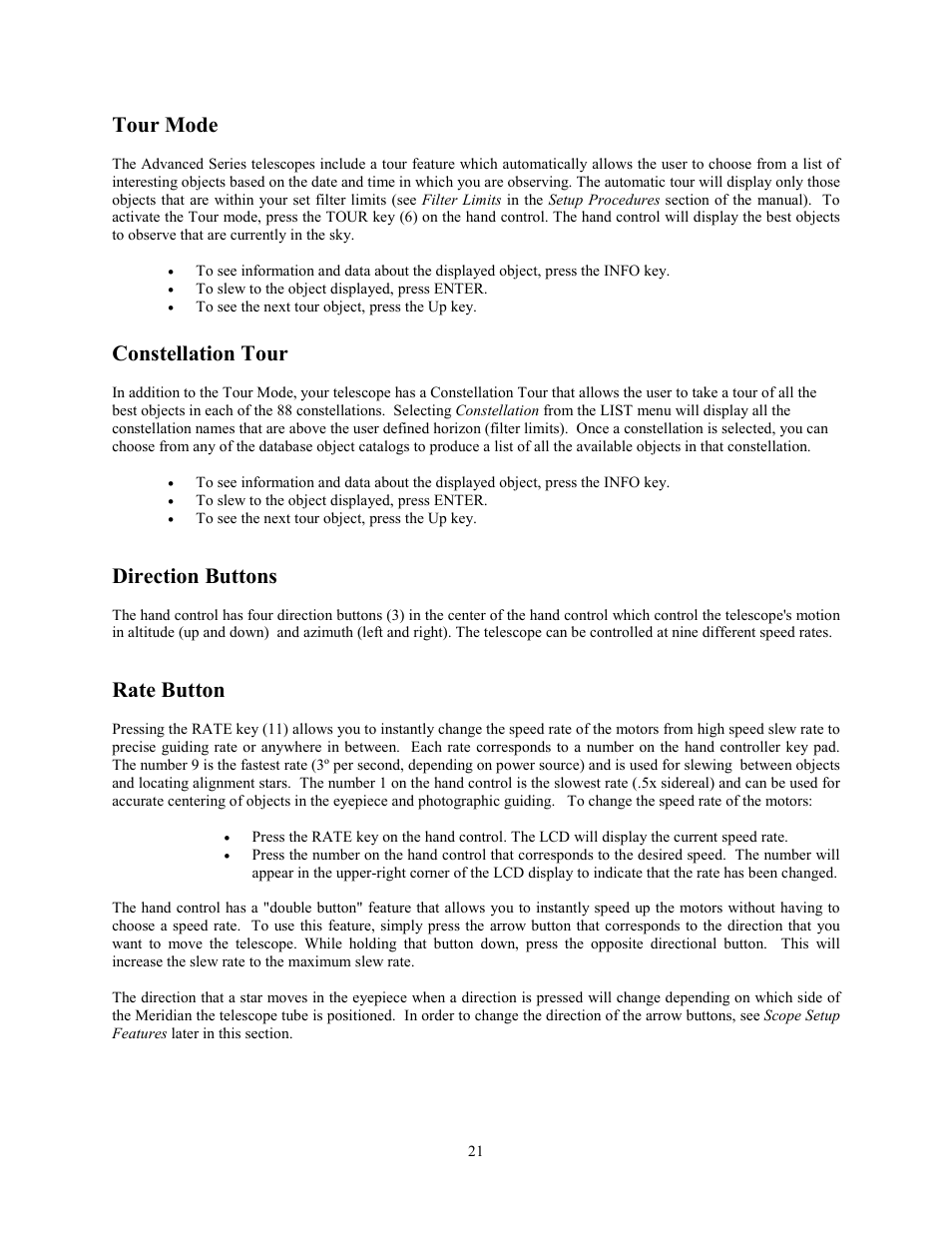 Tour mode, Constellation tour, Direction buttons | Rate button | Celestron Advanced Series C8-N User Manual | Page 21 / 71