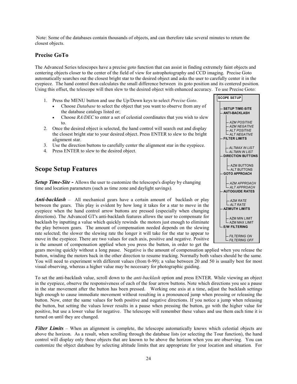 Scope setup features, Precise goto | Celestron Advanced Series C8-N User Manual | Page 24 / 71