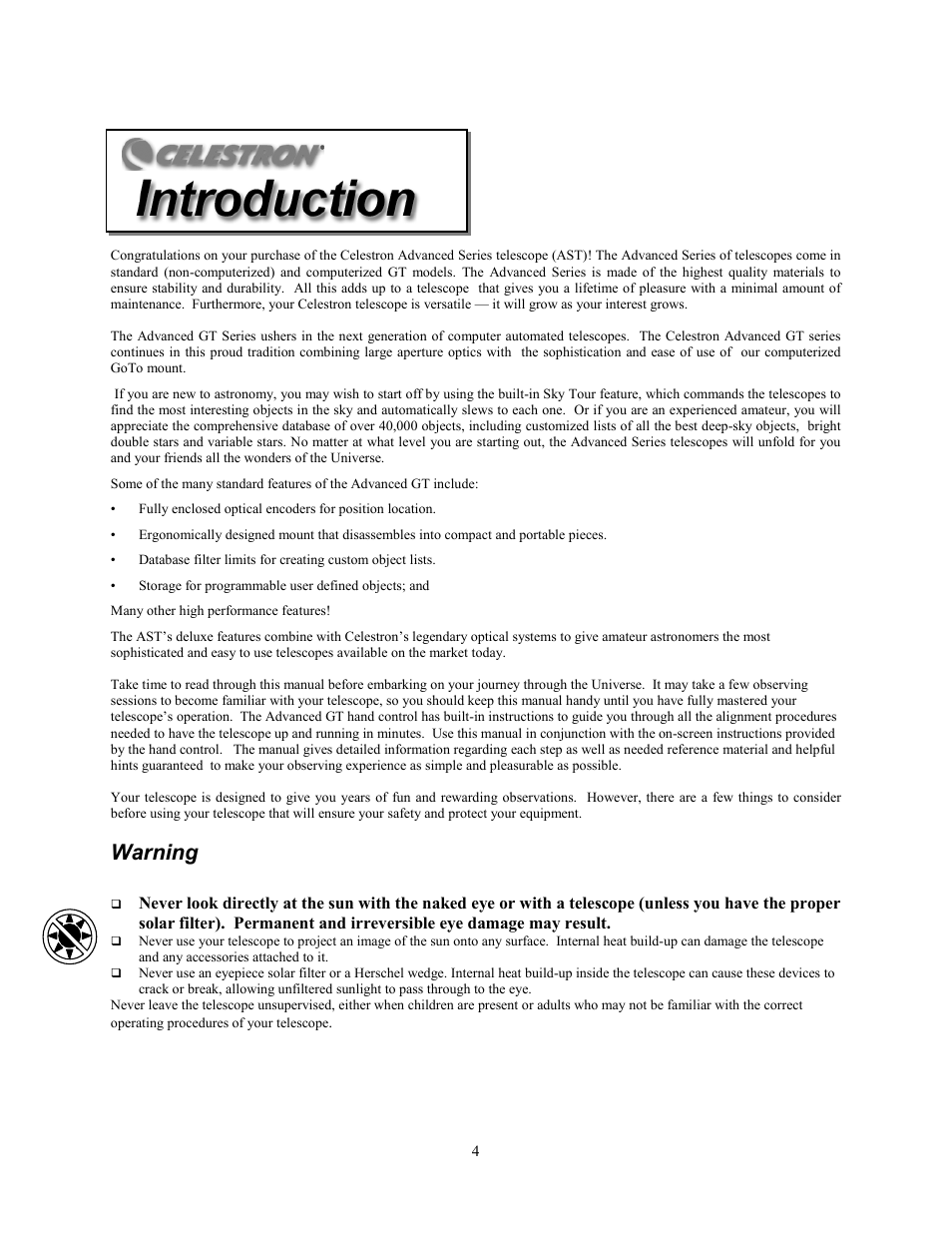 Warning | Celestron Advanced Series C8-N User Manual | Page 4 / 71